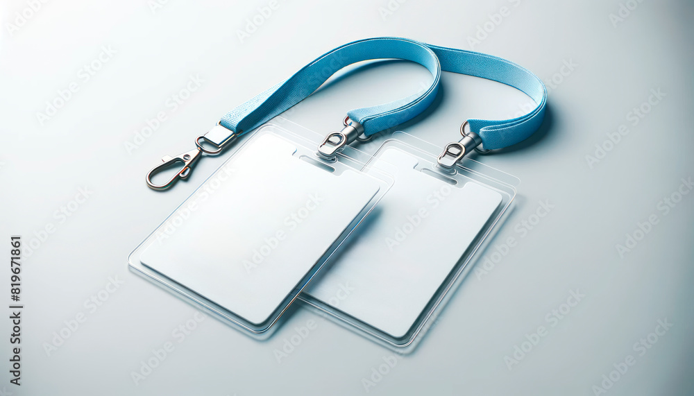 Aufkleber two blank id badge holders with blue lanyards on a clean white background, ideal for branding or ide
