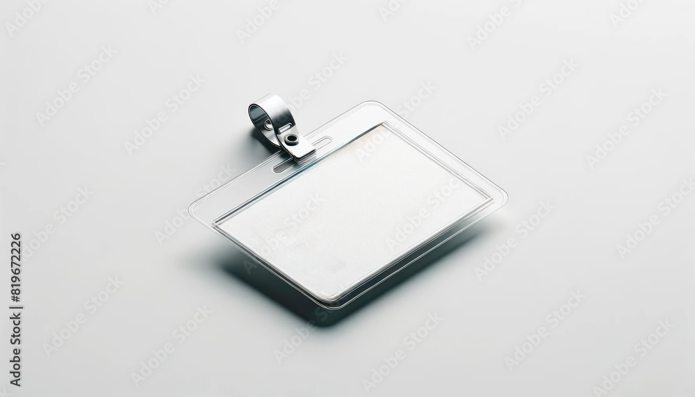 Poster blank badge with a metal clip on a soft white background, ideal for branding mockups or identity pre