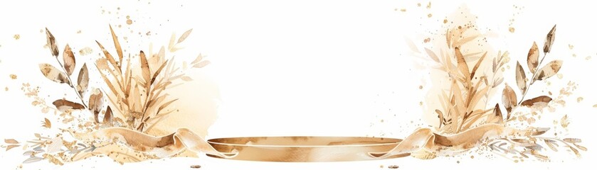 A watercolor clipart of a cute golden podium with laurel wreaths and a ribbon, with soft sparkles and gentle shades of gold and brown, on a white background