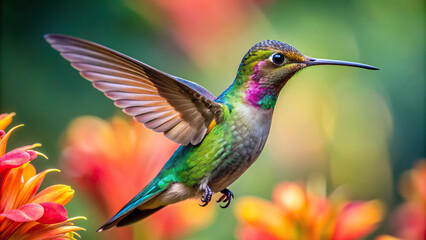 Obraz premium Close-up of a hummingbird hovering near a flower, displaying its iridescent feathers