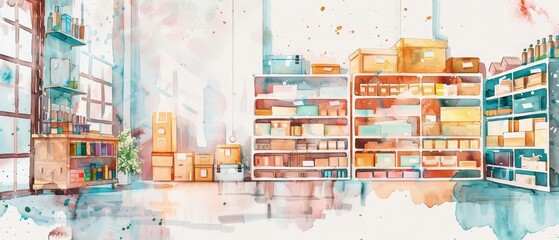 Obraz premium A watercolor clipart on a white background depicting hands typing on a laptop with a cute, blue checkmark and whimsical, pastelcolored documents floating around