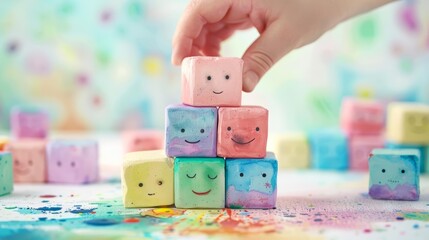 A watercolor clipart on a white background showing a hand playing with a cute, miniature tower of pastelcolored blocks, each block featuring a tiny adorable face