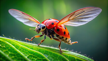 Close-up of a ladybug taking flight from a green leaf, with its red wings spread