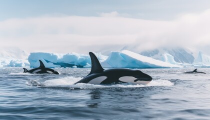 Naklejka premium Groups of Orcas or killer whales swim and hunt for prey, the top of the food chain in a sea of ​​ice floes
