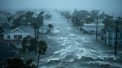 A storm surge inundates a coastal community, flooding streets and forcing residents to flee to higher ground. © Analogue