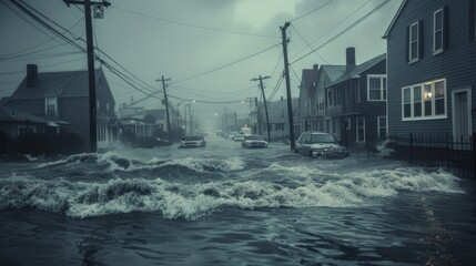 A storm surge inundates a coastal community, flooding streets and forcing residents to flee to higher ground.