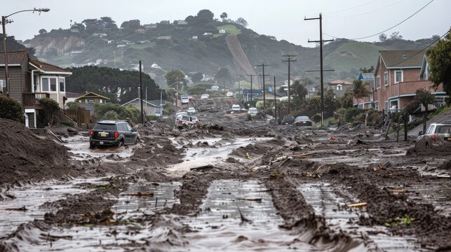 A mudslide cascades down a hillside, burying homes and vehicles beneath a thick layer of sludge.