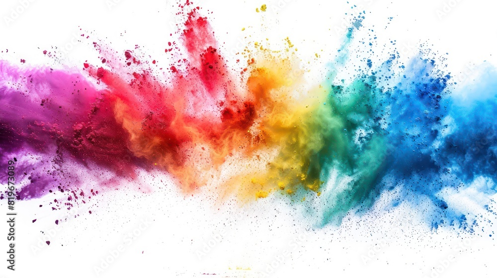 Poster an explosion of bright, colorful rainbow powder creating a dynamic and vibrant abstract pattern agai