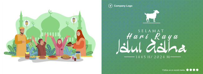 Vector illustration of family celebrating Eid al Adha mubarak by eating together. Happy Eid al Adha banner. Banner Hari Raya Idul Adha 1445 H 