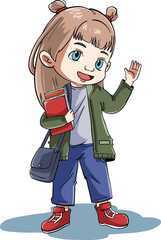 cartoon illustration design of a cute girl laughing happily ready to go to school.eps