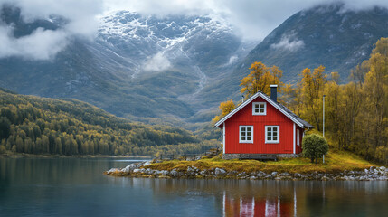 Fototapeta premium Cozy Red Cabin by Misty Lake in Scenic Norwegian Mountains During Autumn