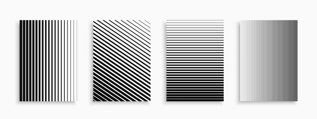 Collection of abstract geometric covers, templates, placards, brochures, banners, backgrounds and etc. Creative halftone striped modern posters, cards, catalogs. Black and white trendy minimal prints