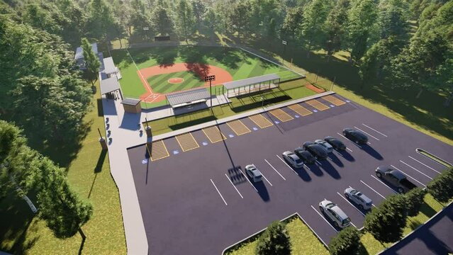 parking lot baseball field dugout in the middle of the forest 3d rendering