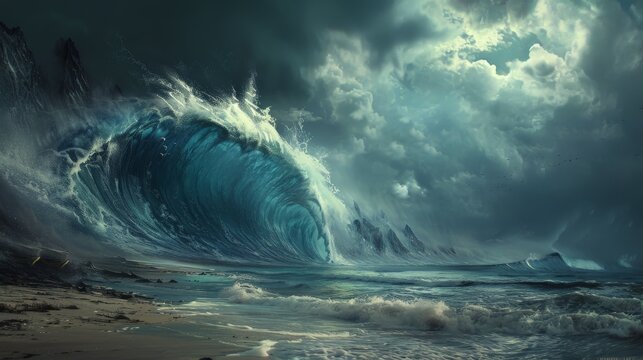 A towering tsunami wave approaches the shoreline, threatening to engulf everything in its path.