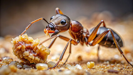 Close-up of an ant carrying a food crumb, showcasing mandibles and segmented body