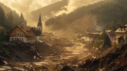 A mountainside gives way, triggering a landslide that buries homes and roads beneath a cascade of earth and debris.