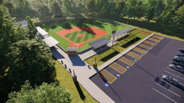 parking lot baseball field dugout in the middle of the forest 3d rendering