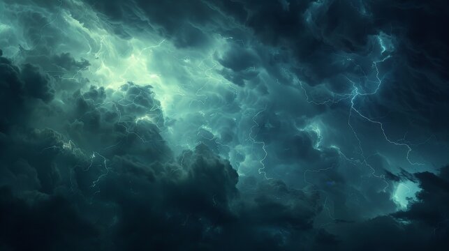 Dark clouds gather overhead as a thunderstorm rolls in, accompanied by flashes of lightning and booming thunder.