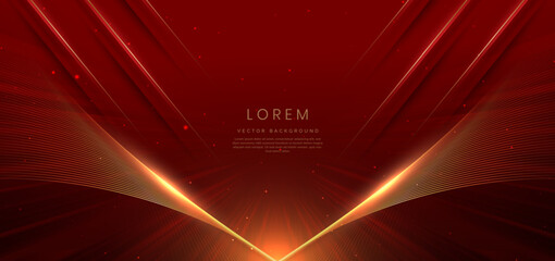 Abstract elegant red background with golden curved lines and lighting effect sparkle. Luxury template award design.