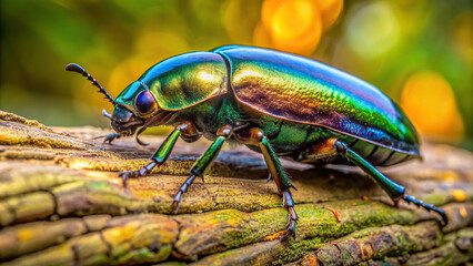 Detailed image of a beetle crawling on a tree trunk, exhibiting its shiny exoskeleton