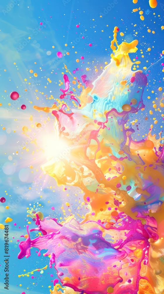 Poster bold splashes of vibrant colors exploding into the air, creating a dynamic and festive scene against