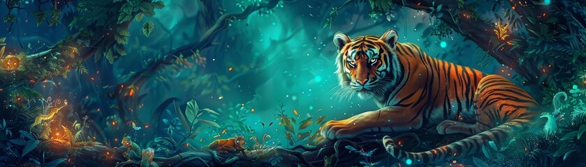 An illustration of a tiger in a magical forest, with enchanted trees that have glowing leaves and whimsical creatures peeking from behind the foliage