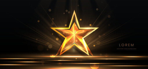 Golden star on black background with lighting effect and sparkle. Luxury template celebration award design.