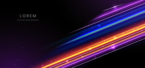 Abstract futuristic glowing neon multicolor diagonal lines. Hi speed motion moving concept on dark blue background.