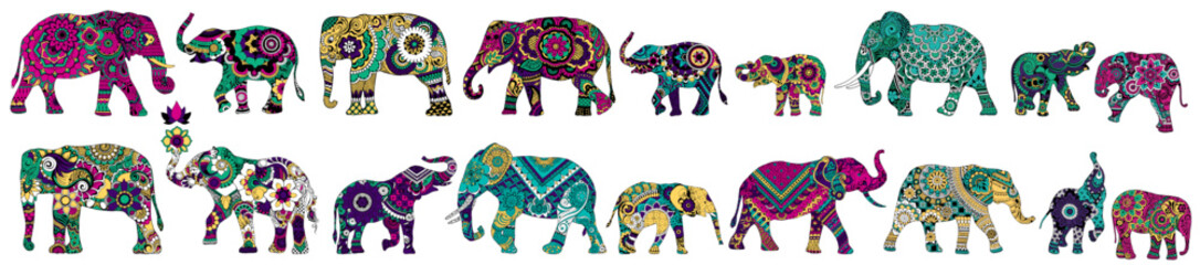 Many different ornate elephants in Mehndi style.