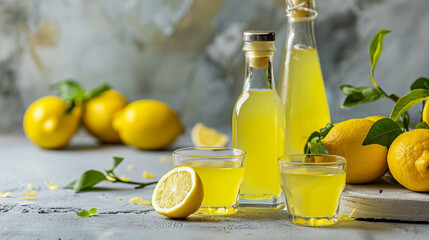  Limoncello in small glasses and bottle - italian lemon liqueur, fresh italian lemons