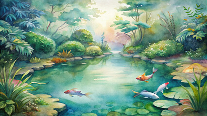 A watercolor painting of a tranquil pond surrounded by lush vegetation, with colorful koi fish swimming gracefully in the water.