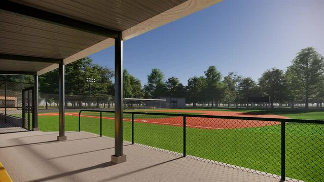 video 3D rendering of a baseball field dugout in the middle of the forest