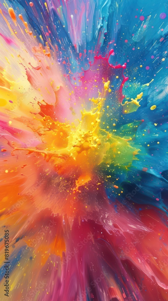 Poster bold splashes of vibrant colors filling the frame, creating a dynamic and festive scene against a ra