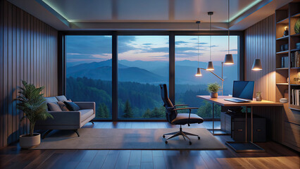Stylish home office with a minimalist desk, ergonomic chair, and floor-to-ceiling windows
