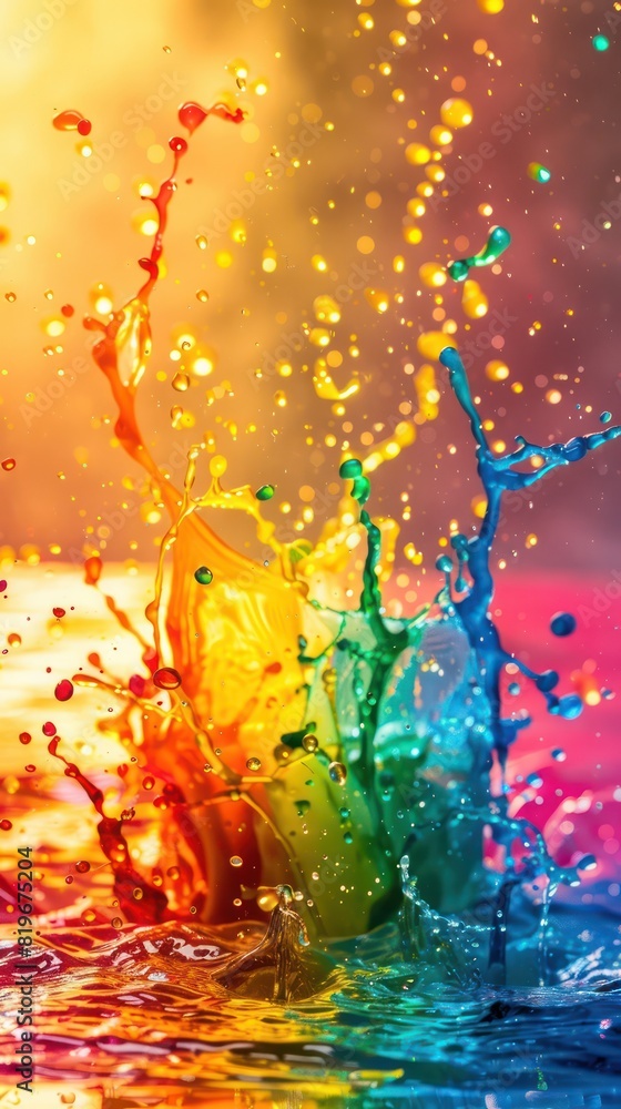 Poster bold splashes of vibrant colors filling the frame, creating a dynamic and festive scene against a ba