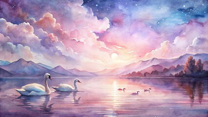 A serene lakeside scene with a family of swans gliding gracefully on the water, under a watercolor-painted sky tinged with shades of pink and purple