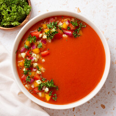 Spanish tomato gazpacho cold soup styled and decorated in white plate