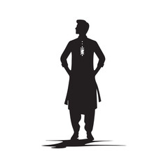 Men Salwar Kameez Silhouette- Capturing the Timeless Beauty and Cultural Heritage of South Asian Traditional Attire- Minimalist Men Salwar Kameez Vector - Men Salwar Kameez Illustration.