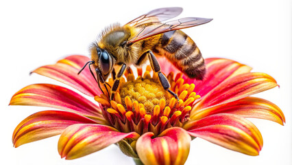 Detailed shot of a bee pollinating a colorful flower, isolated against a white background
