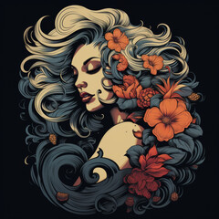 Woman with long hair and blossom in it