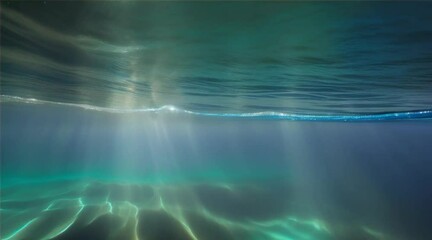 The dark blue surface of the ocean, visible from under the water