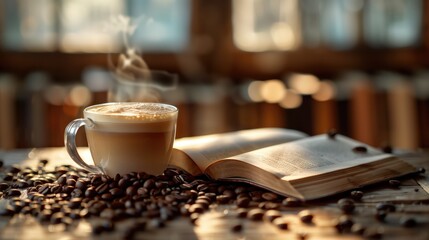 Cup of coffee with beans