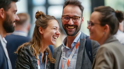 Candid shot of men and women smiling as they interact and network during a seminar break.  - Powered by Adobe