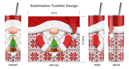 Funny Christmas gnome cartoon character. Seamless sublimation template for 20 oz skinny tumbler. Sublimation illustration. Seamless from edge to edge. Full tumbler wrap.