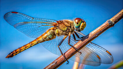 Detailed shot of a dragonfly perched on a twig, with clear blue sky in the background