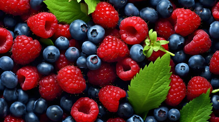 Ripe mixed berry medley background with fresh, juicy berries. Healthy food concept. Top view.