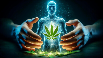 Hands holding a cannabis leaf over a glowing human body. (Representing healing and wellness) 