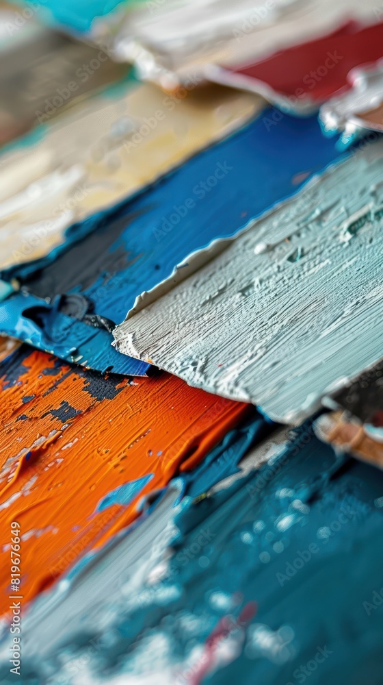 Aufkleber close-up of a collection of paint color swatches, with shallow depth of field adding depth and dimen