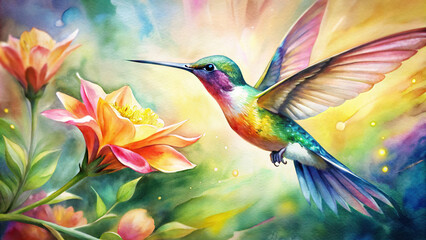 A close-up of a vibrant hummingbird hovering near a colorful flower in a sunlit garden, with its iridescent feathers shimmering in the light.