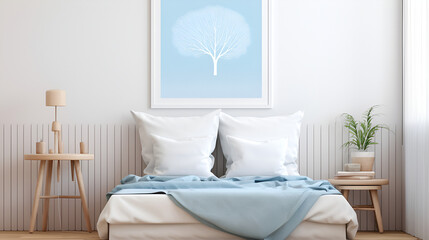 Knit blanket on grey bed in bright bedroom interior with poster and plants ,Soothing gray and blue color palette for balanced bedroom in cozy flat interior with plants and natural accessories